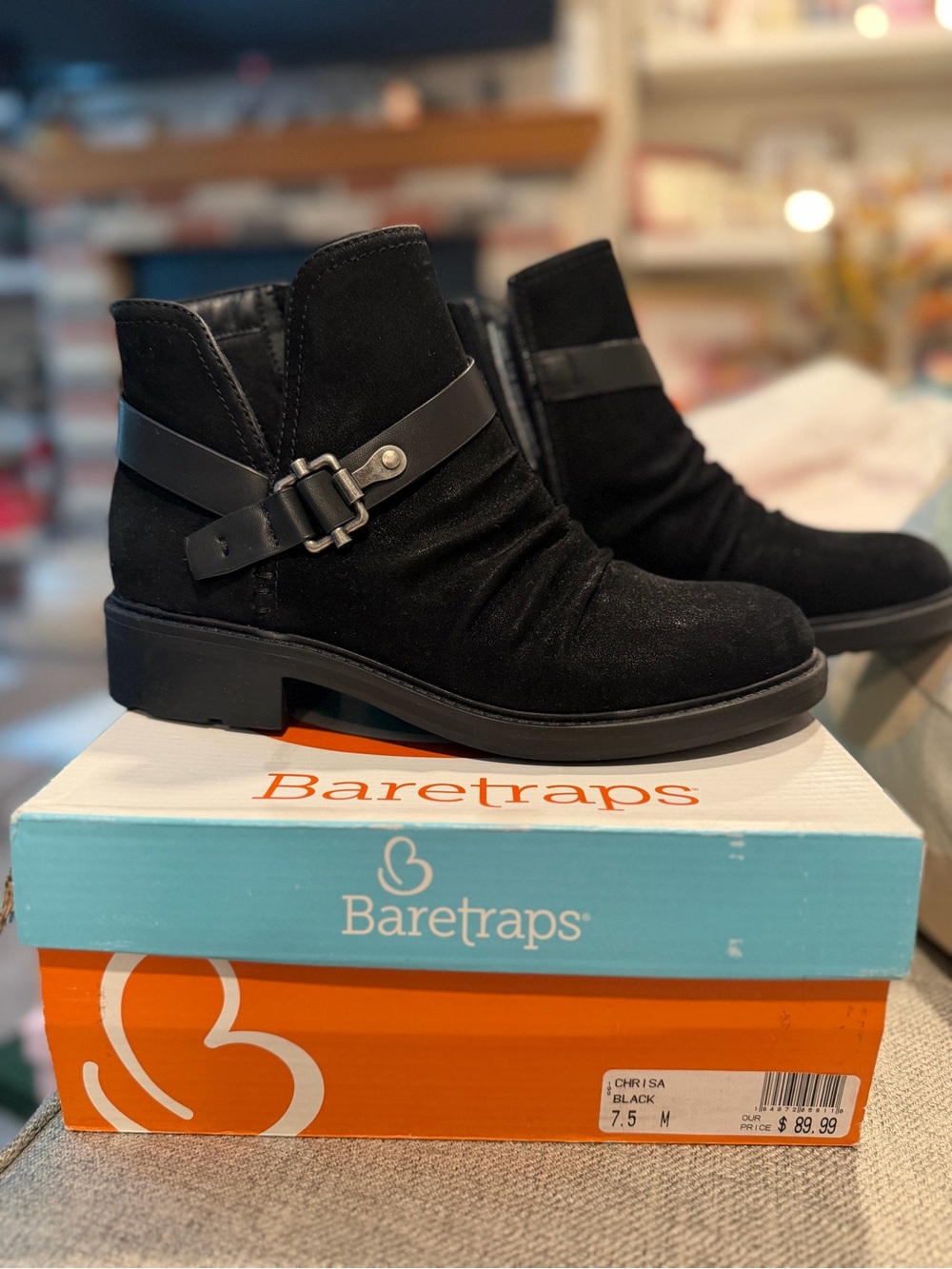 Baretraps Black Suede Ankle Boot “Chrisa” with Buckle Detail